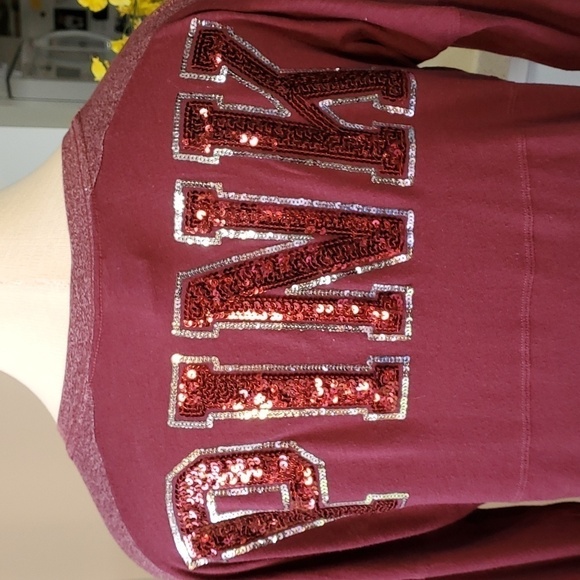 PINK VICTORIA SECRETS, long sleeves burgundy tee with sequins. Size small petite - Picture 5 of 8